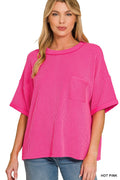 Zenana Raised Rib Short Sleeve Front Pocket Top