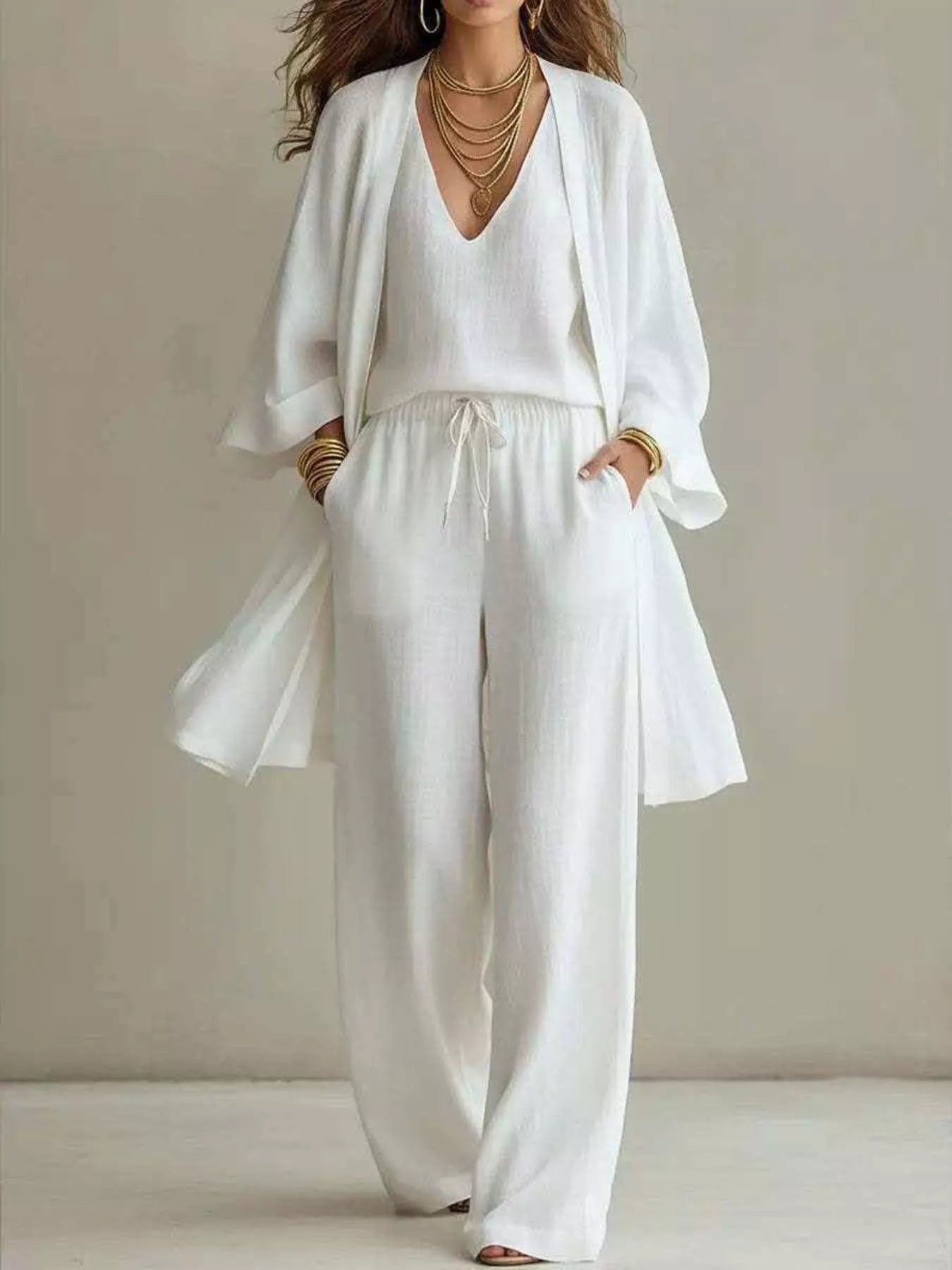 V-Neck Top & Cardigan & Pants Three-Piece Set