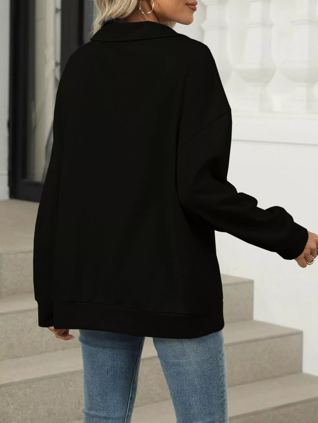 Johnny Collar Drop Shoulder Long Sleeve Sweatshirt