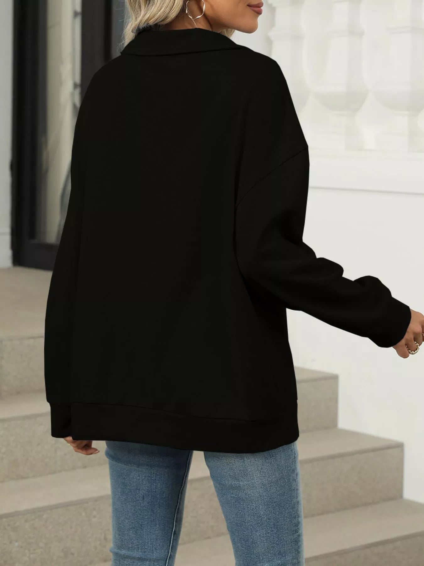 Johnny Collar Drop Shoulder Long Sleeve Sweatshirt