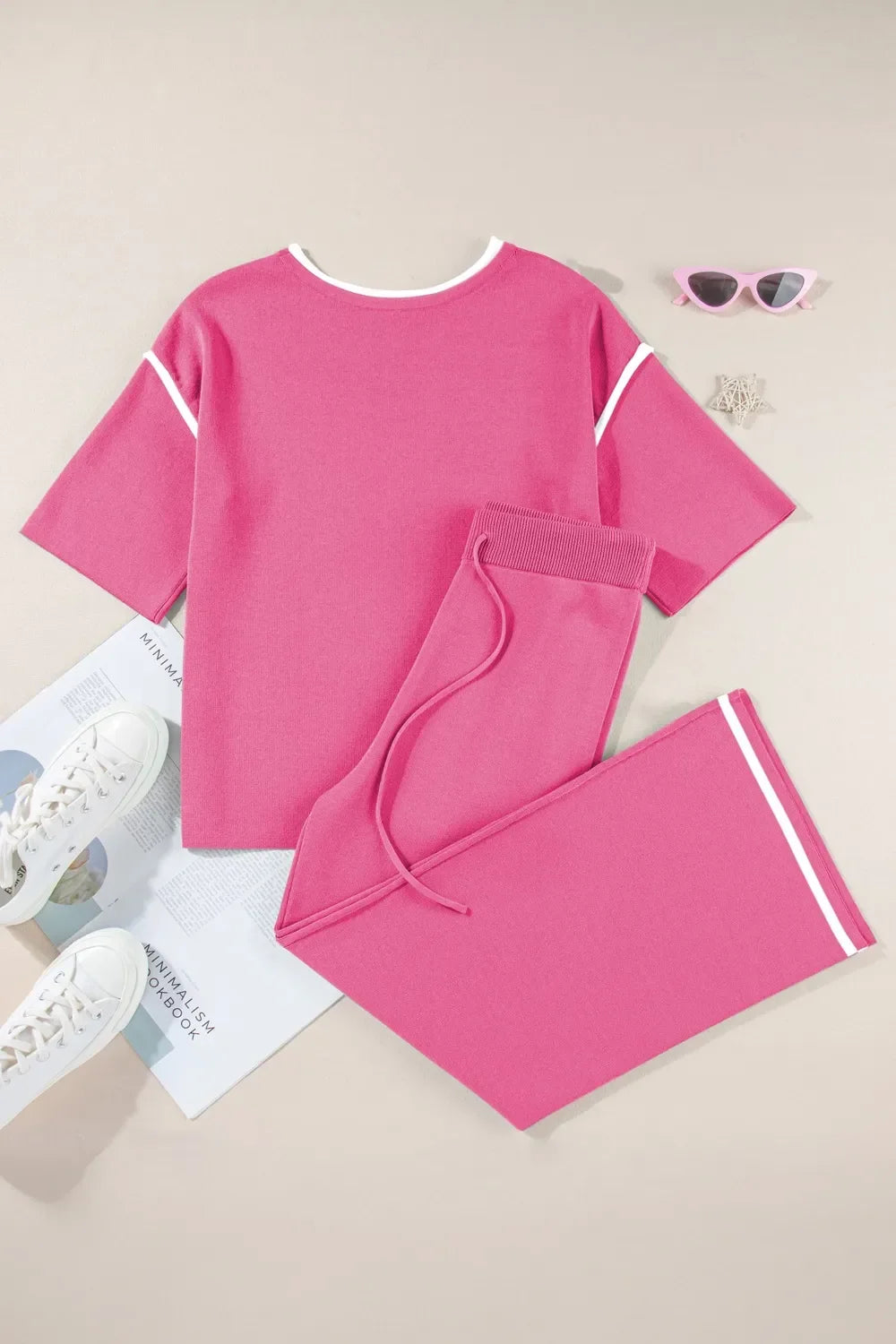 Contrast Trim Round Neck Top and Pants Set