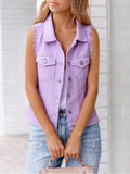 Full Size Button Down Raw Hem Sleeveless Denim Jacket Plus Size