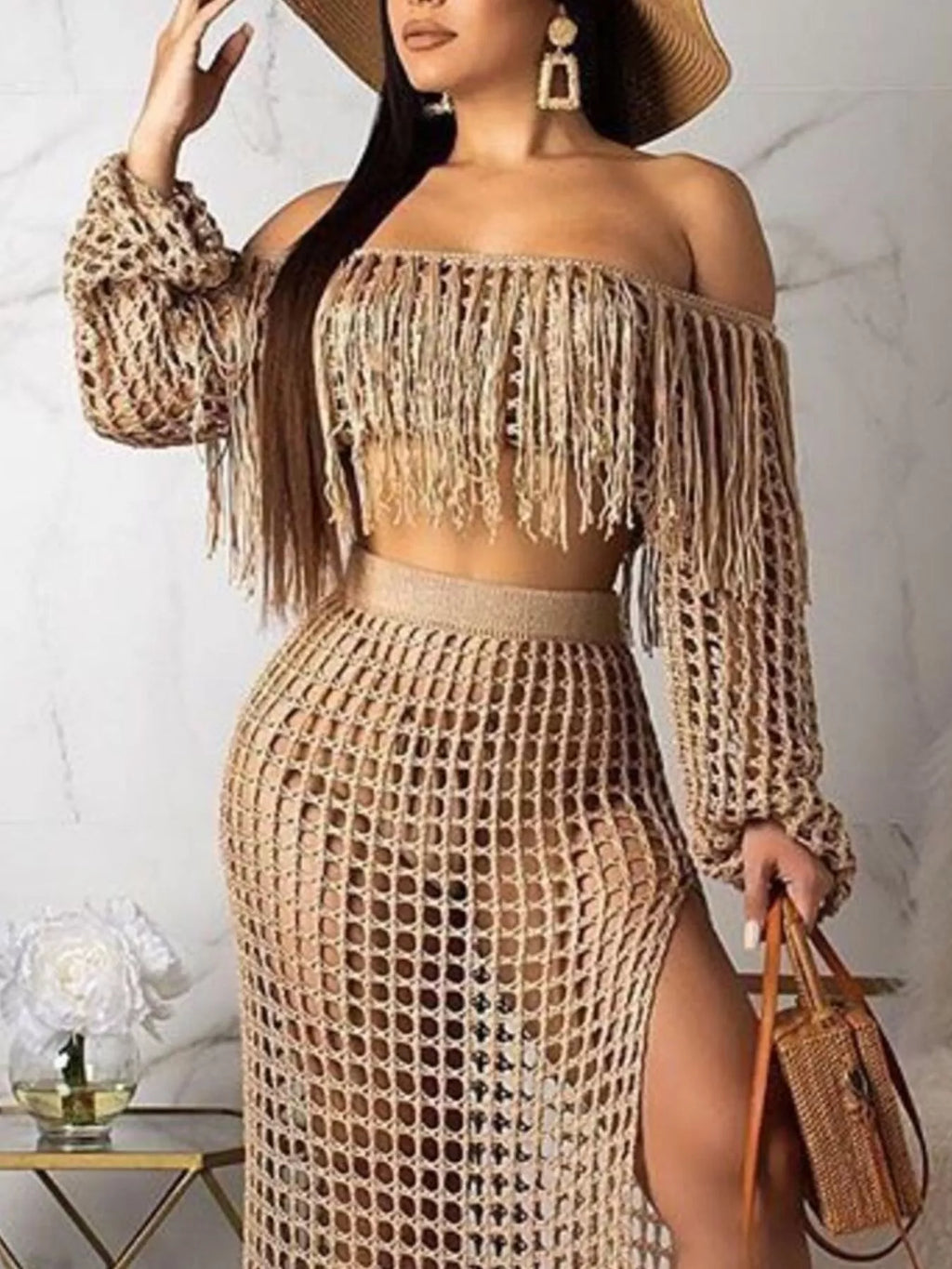 Full Size Crochet Off-Shoulder Fringe Top and Skirt Set Plus Size