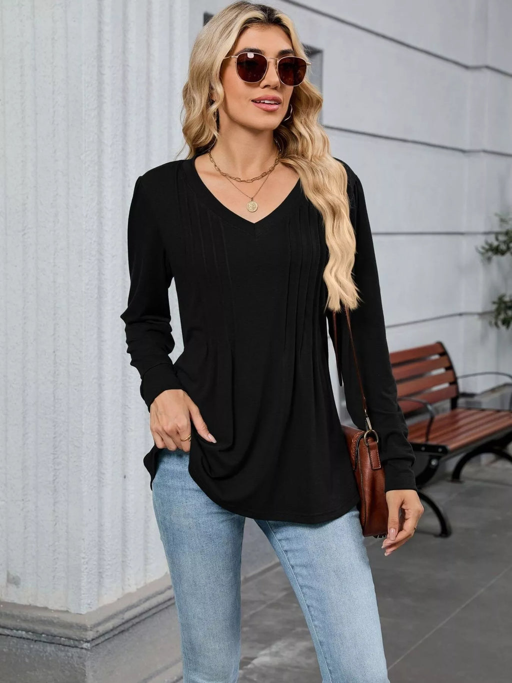 V-Neck Long Sleeve Relaxed Fit T-Shirt