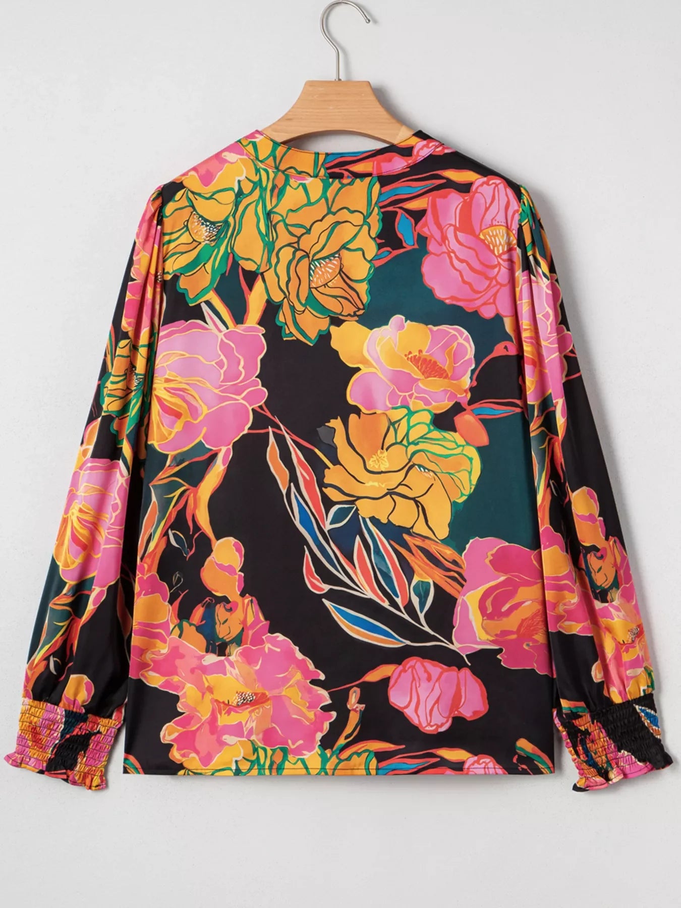 Floral Print Smocked Cuffs Puff Sleeve Blouse