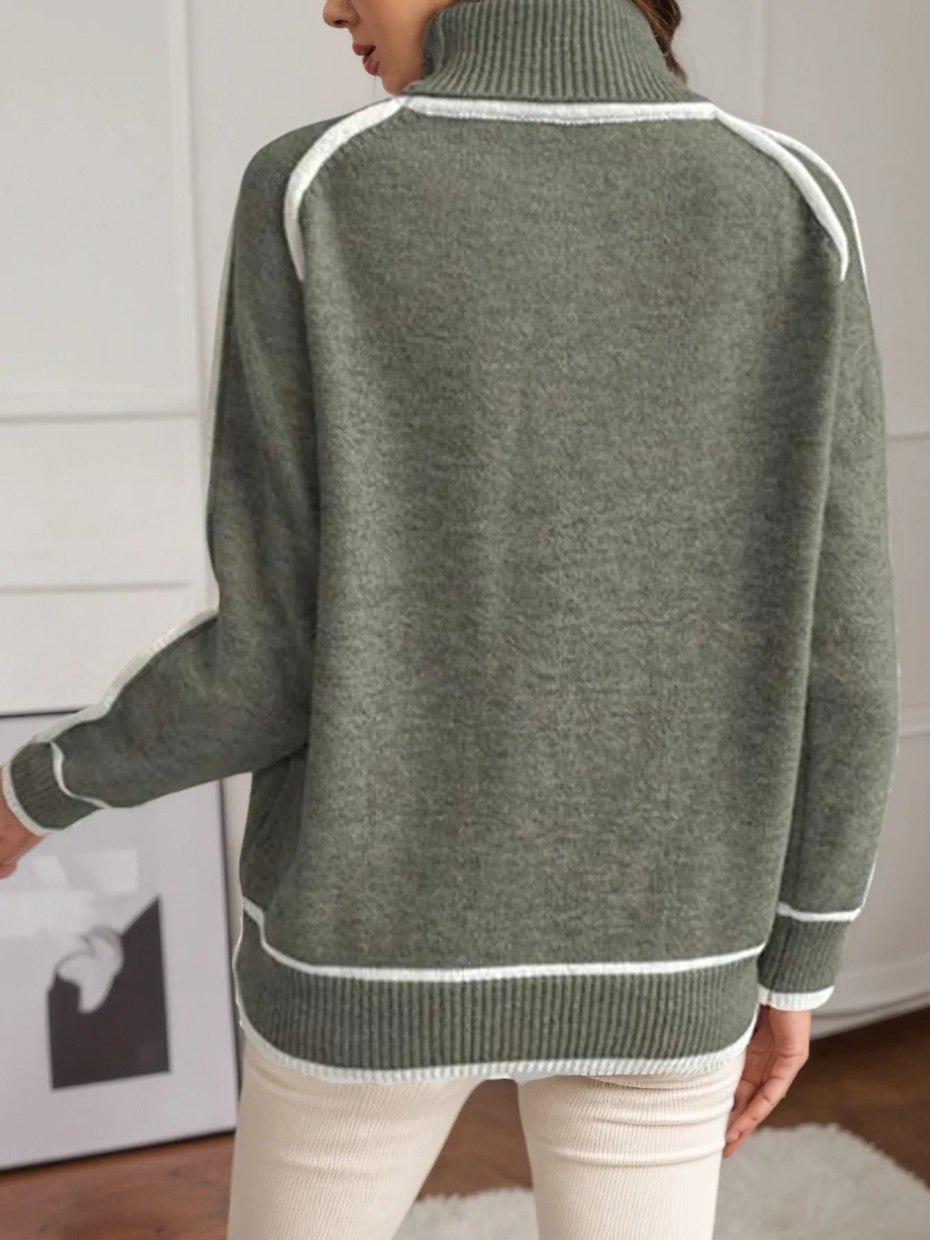 Turtleneck Contrast Trim Sweater with Ribbed Details