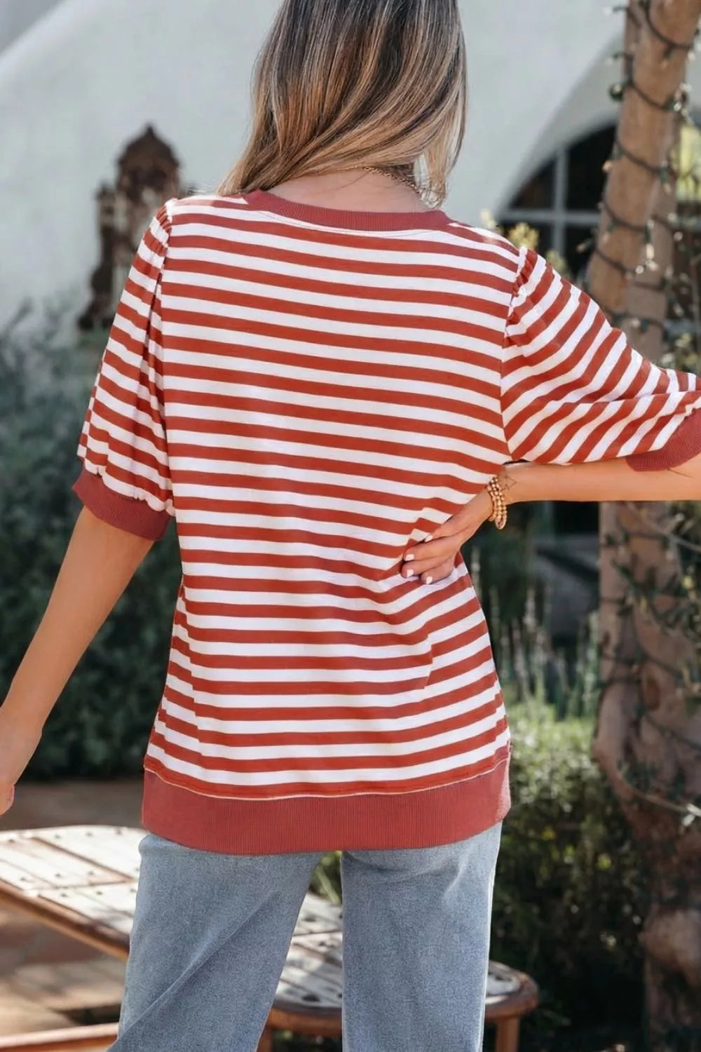 Striped Puff Sleeve Casual T-Shirt