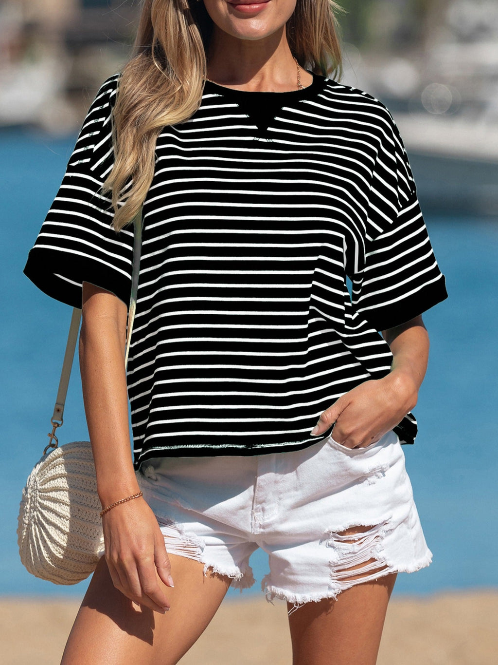 Stripe Ribbed Patchwork Seam Detail Half Sleeve Tee