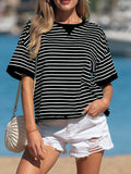 Stripe Ribbed Patchwork Seam Detail Half Sleeve Tee