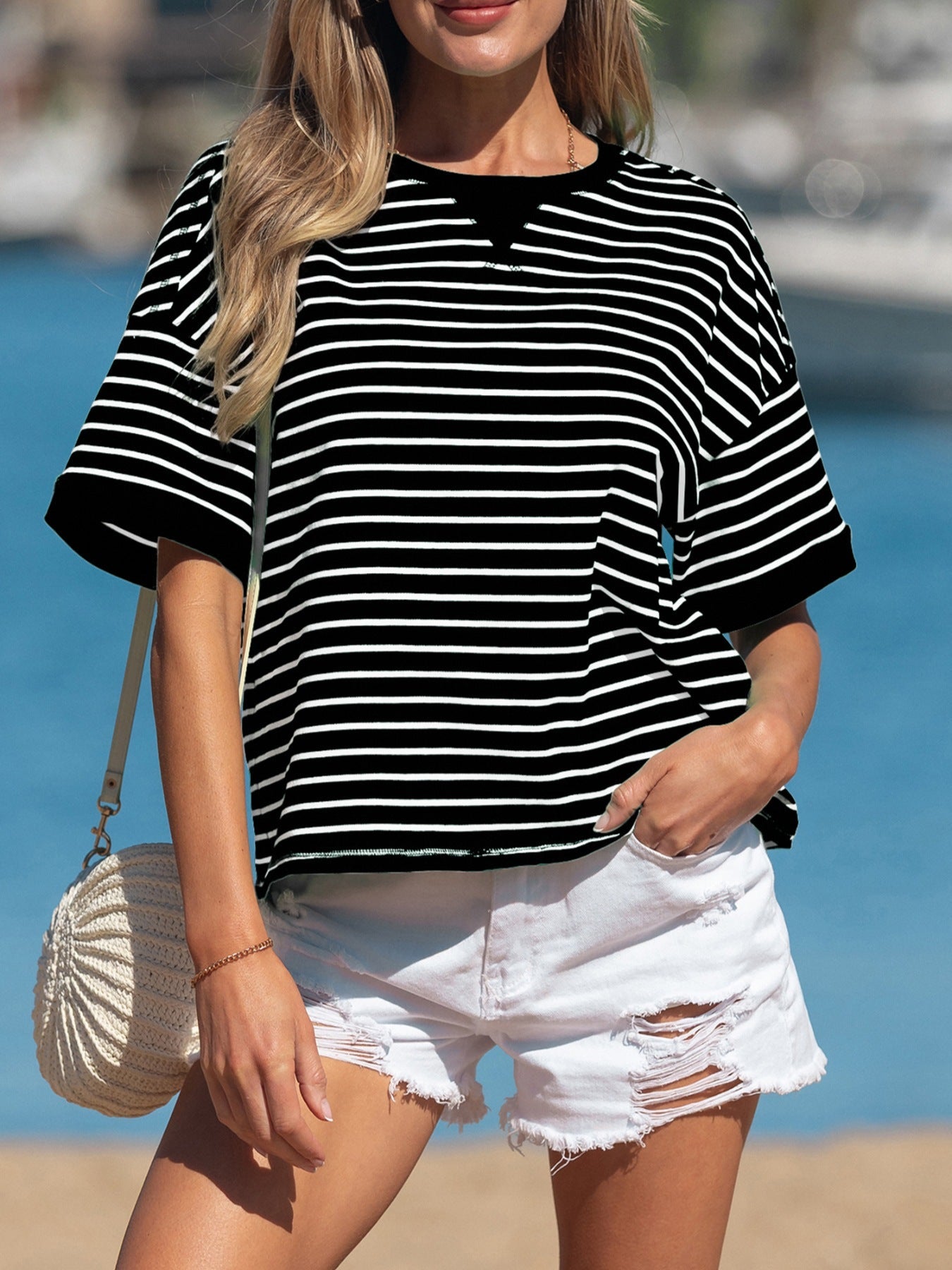 Stripe Ribbed Patchwork Seam Detail Half Sleeve Tee
