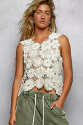 POL Round Neck Floral Crochet Sleeveless Cropped Top