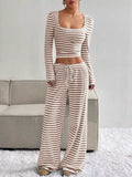 Striped Long Sleeve Crop Top & Wide Leg Pants Set