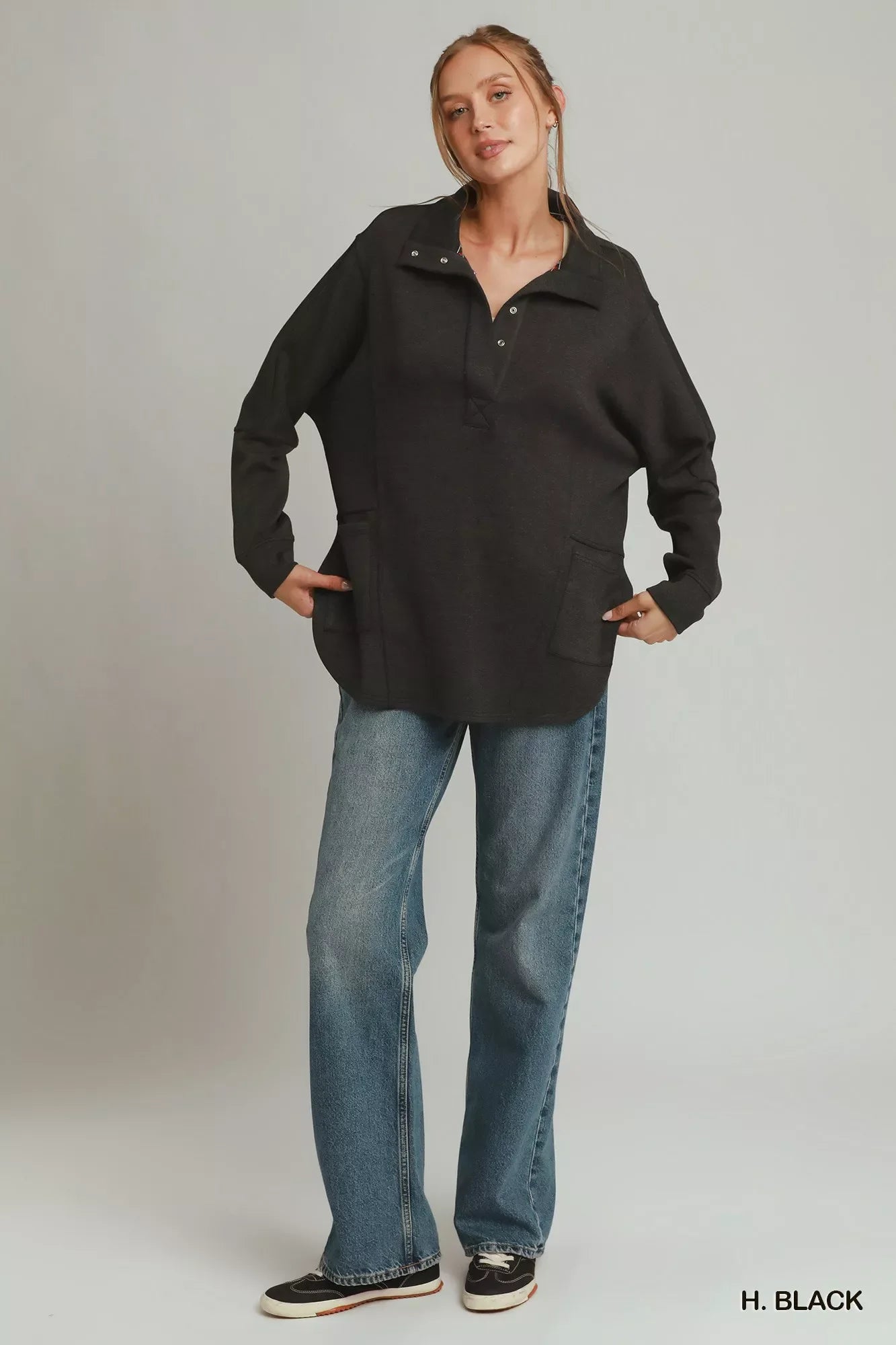 Umgee Half Placket Sweatshirt with Pockets