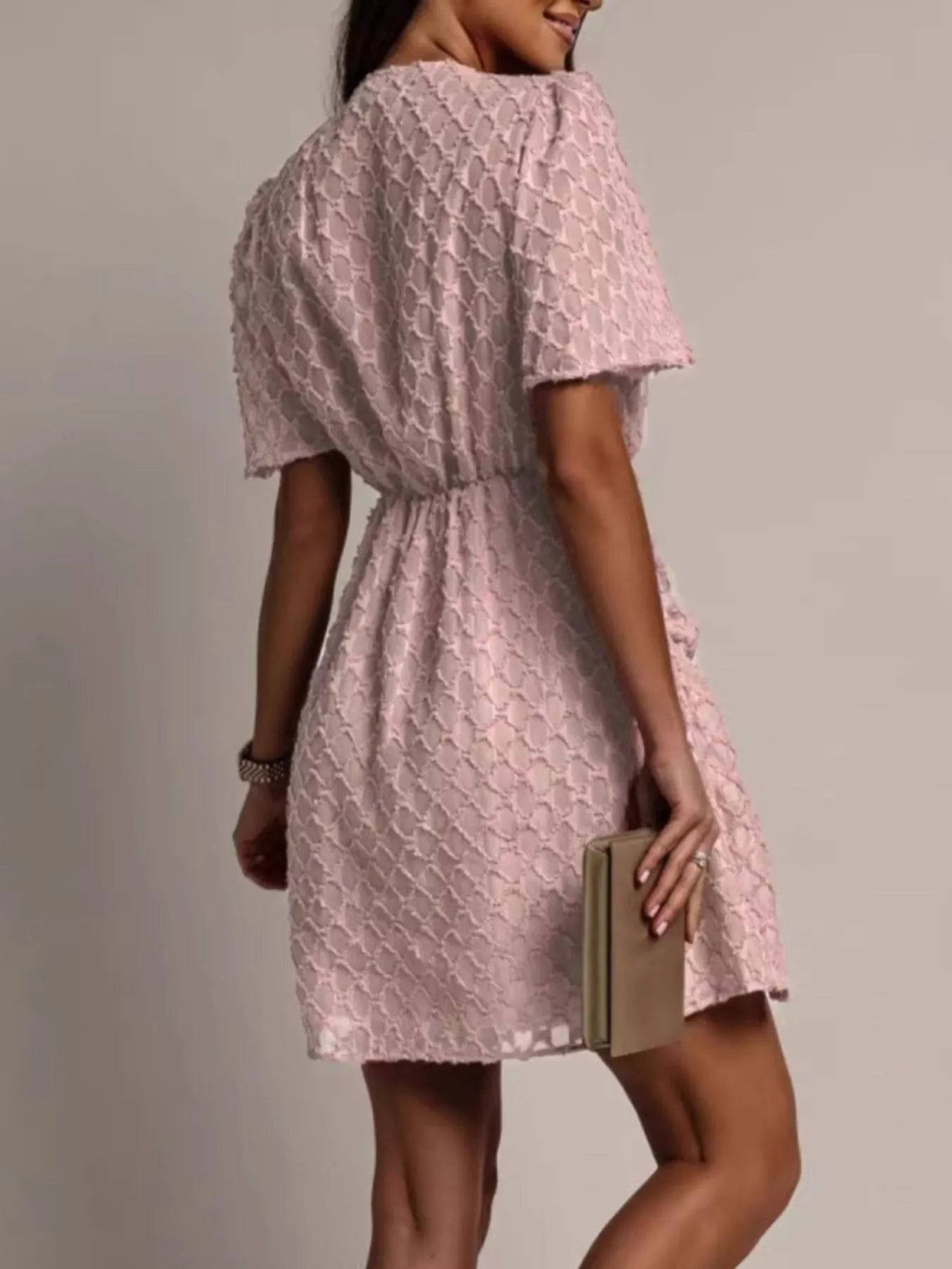 Textured V-Neck Ruched Mini Dress