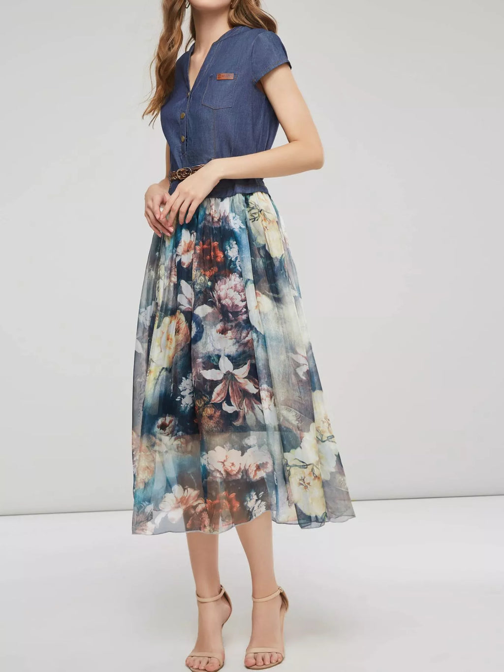 Full Size Patchwork Floral Print Chiffon Dress Plus Size