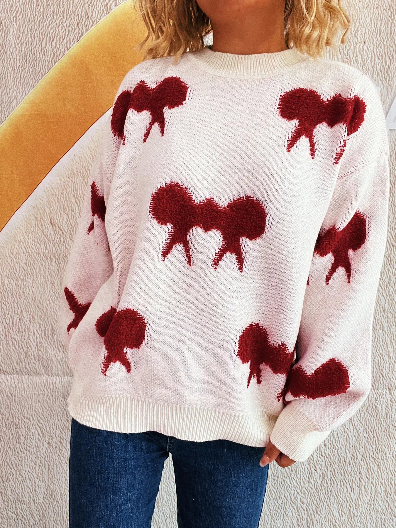 Bow Pattern Round Neck Sweater