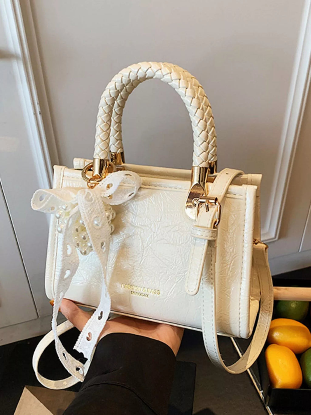 Braided Handle Pearl Decor Crossbody Bag