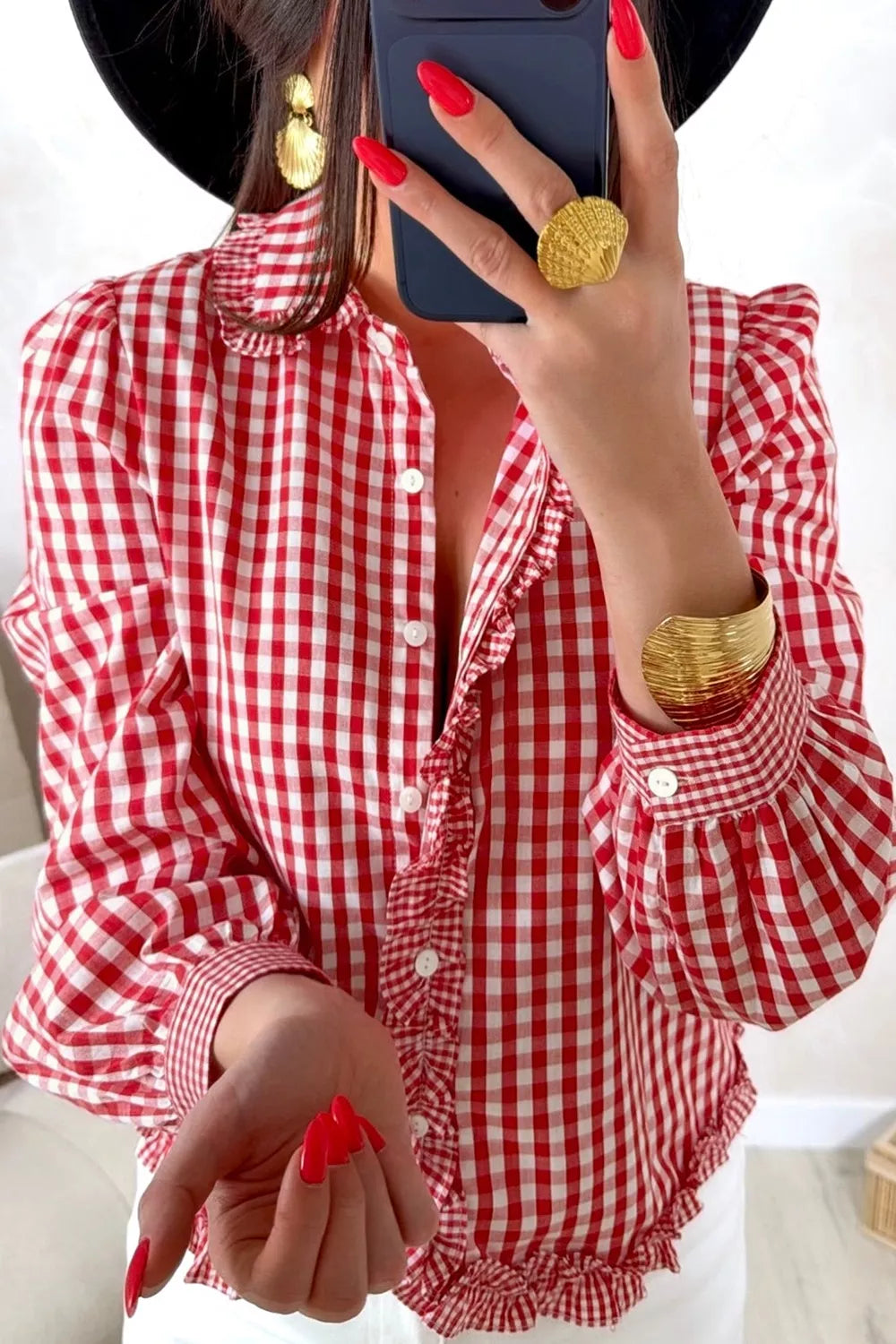 Plaid Long Sleeve Button Down Frill Detail Casual Shirt