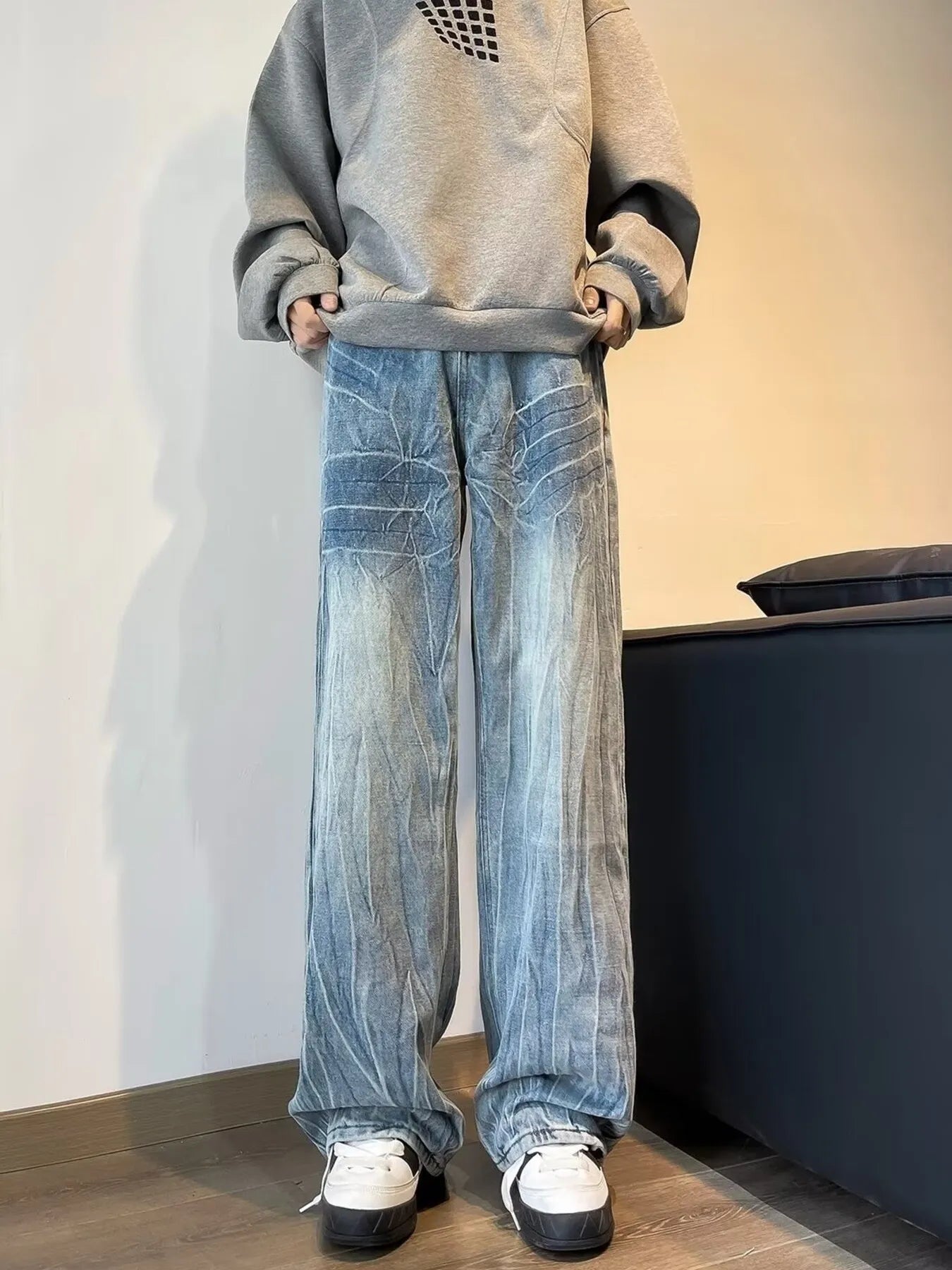 Men's Full Size Vintage Wash Wide Leg Jeans Plus Size