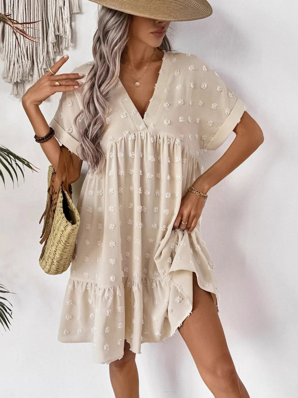 Ruffled Hem Swiss Dot Mini Dress