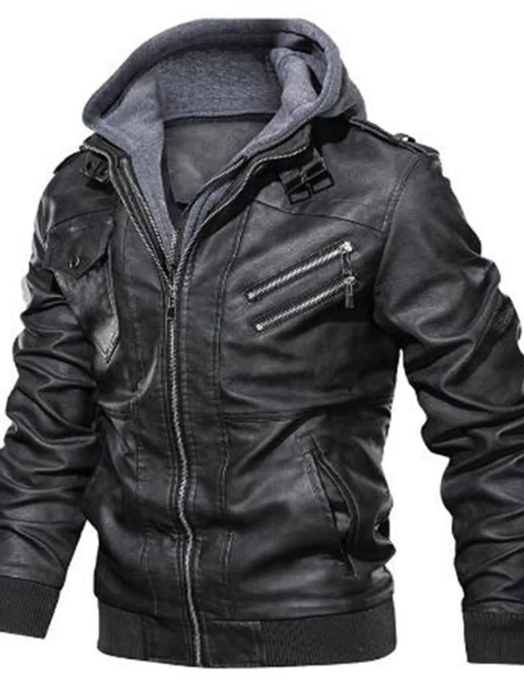 Men's Full Size Vintage Hooded Leather Jacket Plus Size