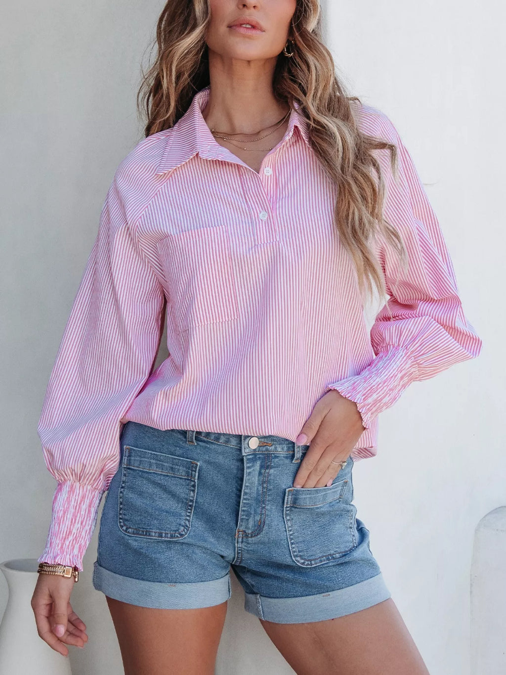 Pinstripe Long Sleeve Smocked Cuffs Button Shirt Collar Blouse