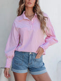 Pinstripe Long Sleeve Smocked Cuffs Button Shirt Collar Blouse