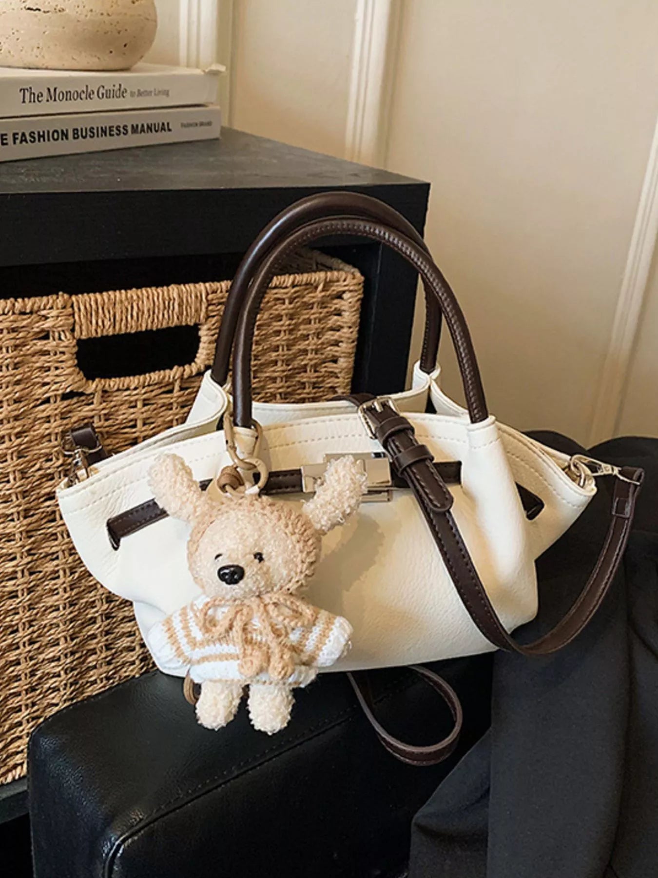Buckle Decor Crossbody Bag with Bear Charm