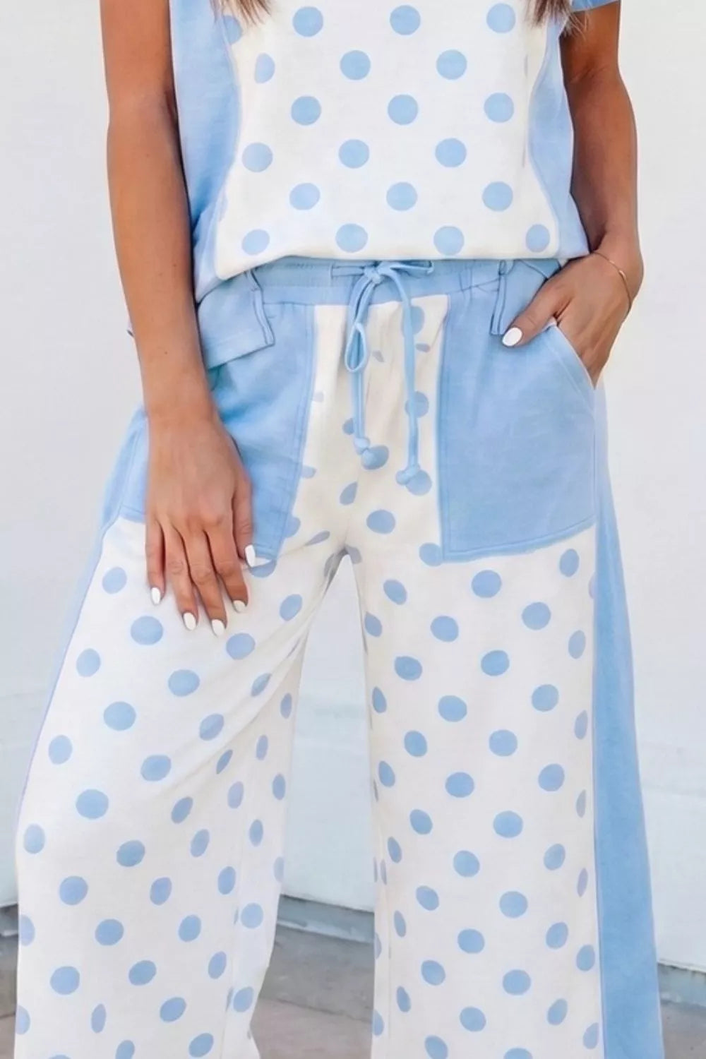 Color Block Patchwork Polka Dot Wide Leg Pant Set