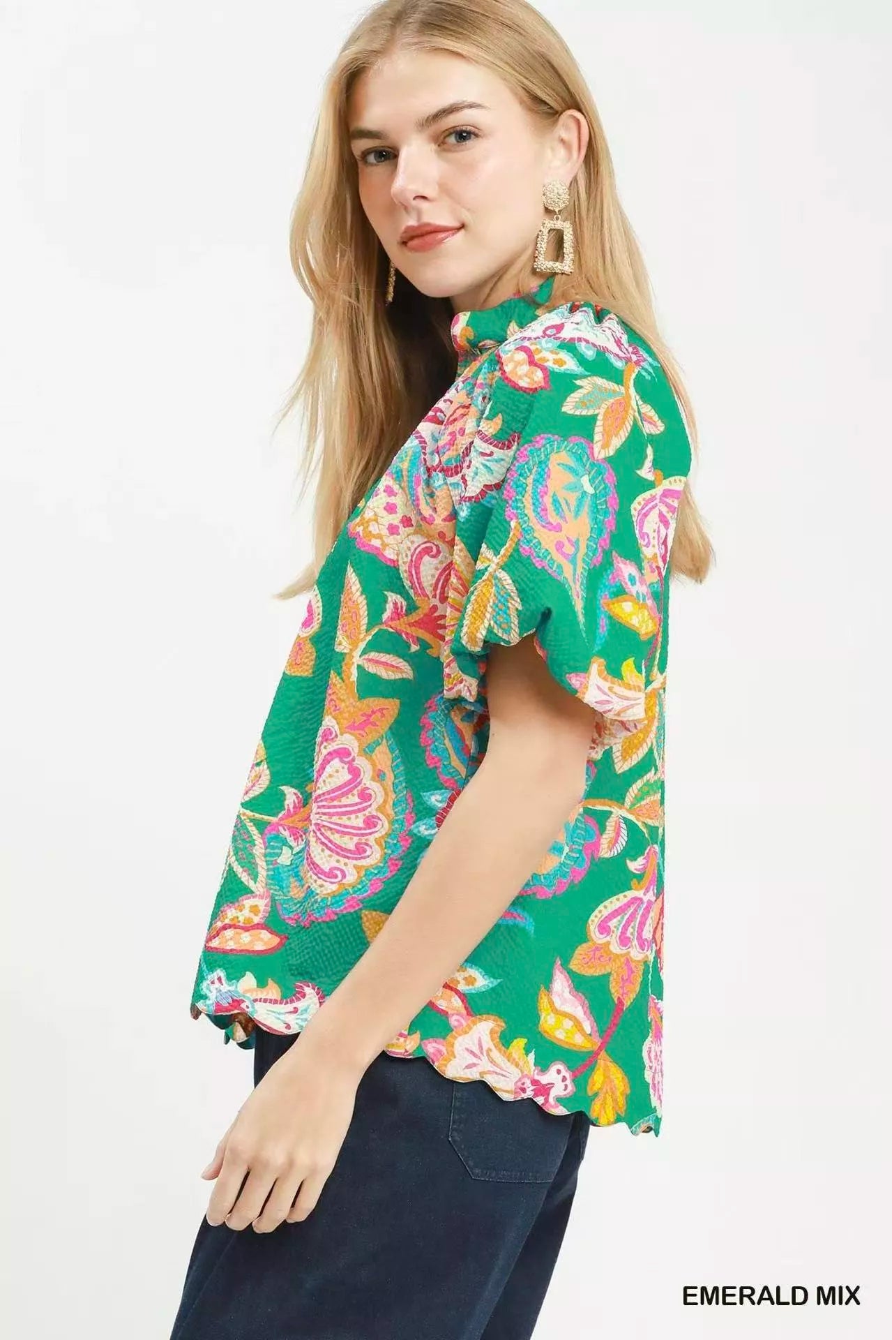 Umgee Mix Floral Print Scallop Hem Blouse