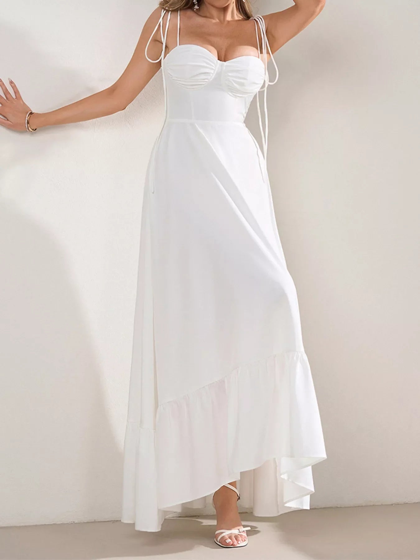 Sweetheart Neck Tie-Strap Ruffle Hem Maxi Dress