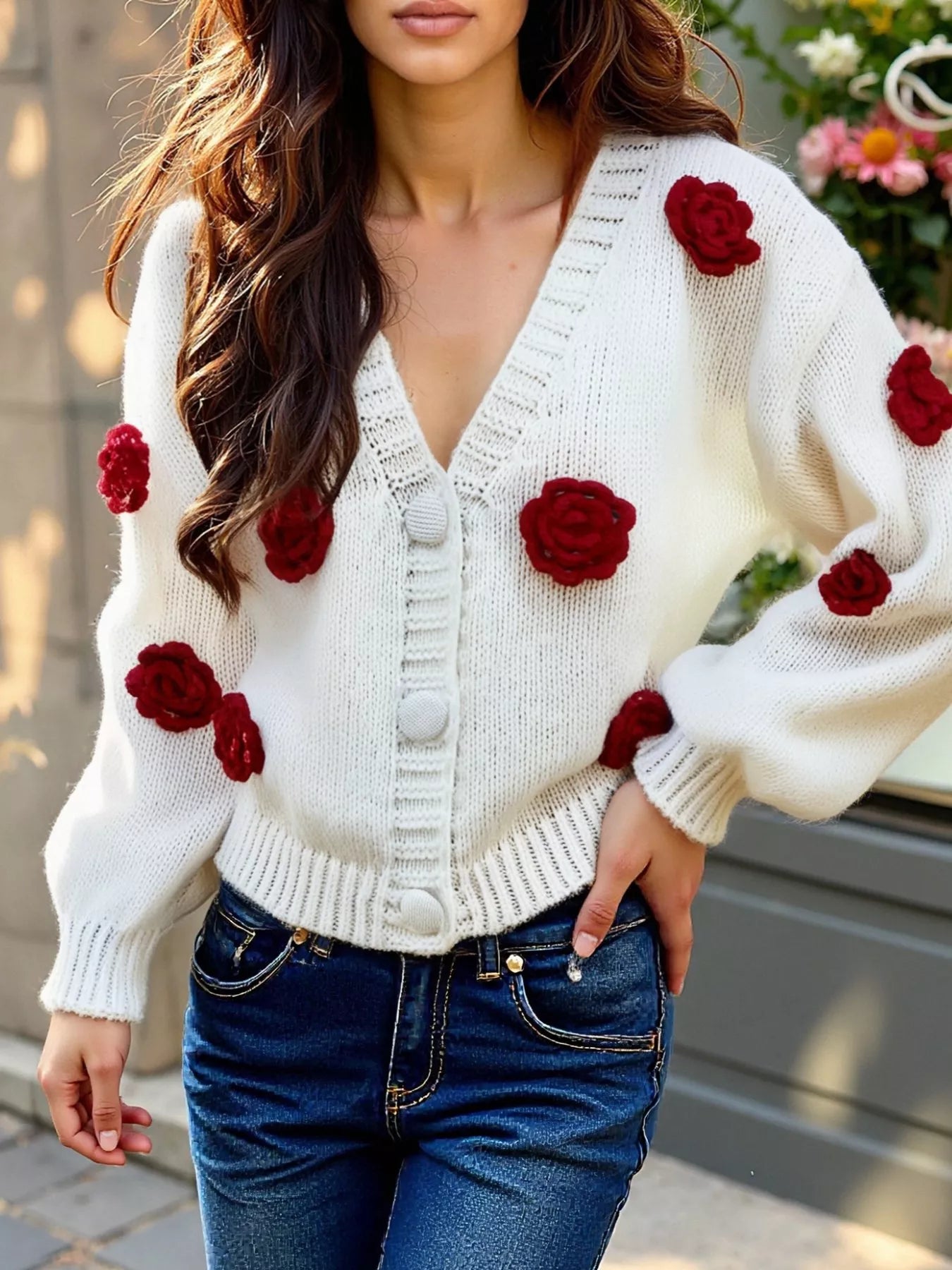 Rose Embellished V-Neck Cardigan
