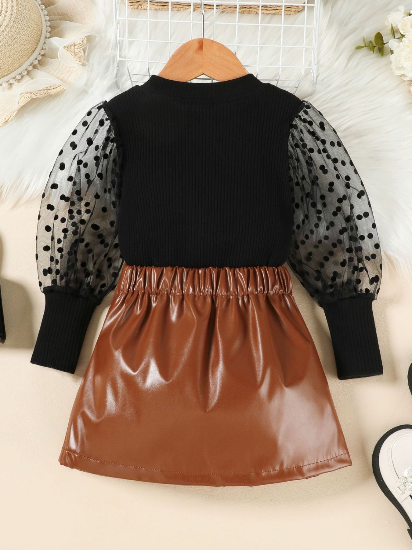 Children's Polka Dot Sleeve Top & Faux Leather Skirt Set
