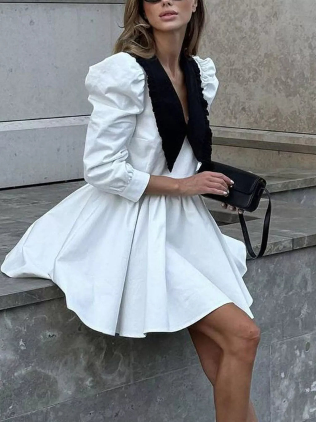 Puff Sleeve Contrast Collar Dress