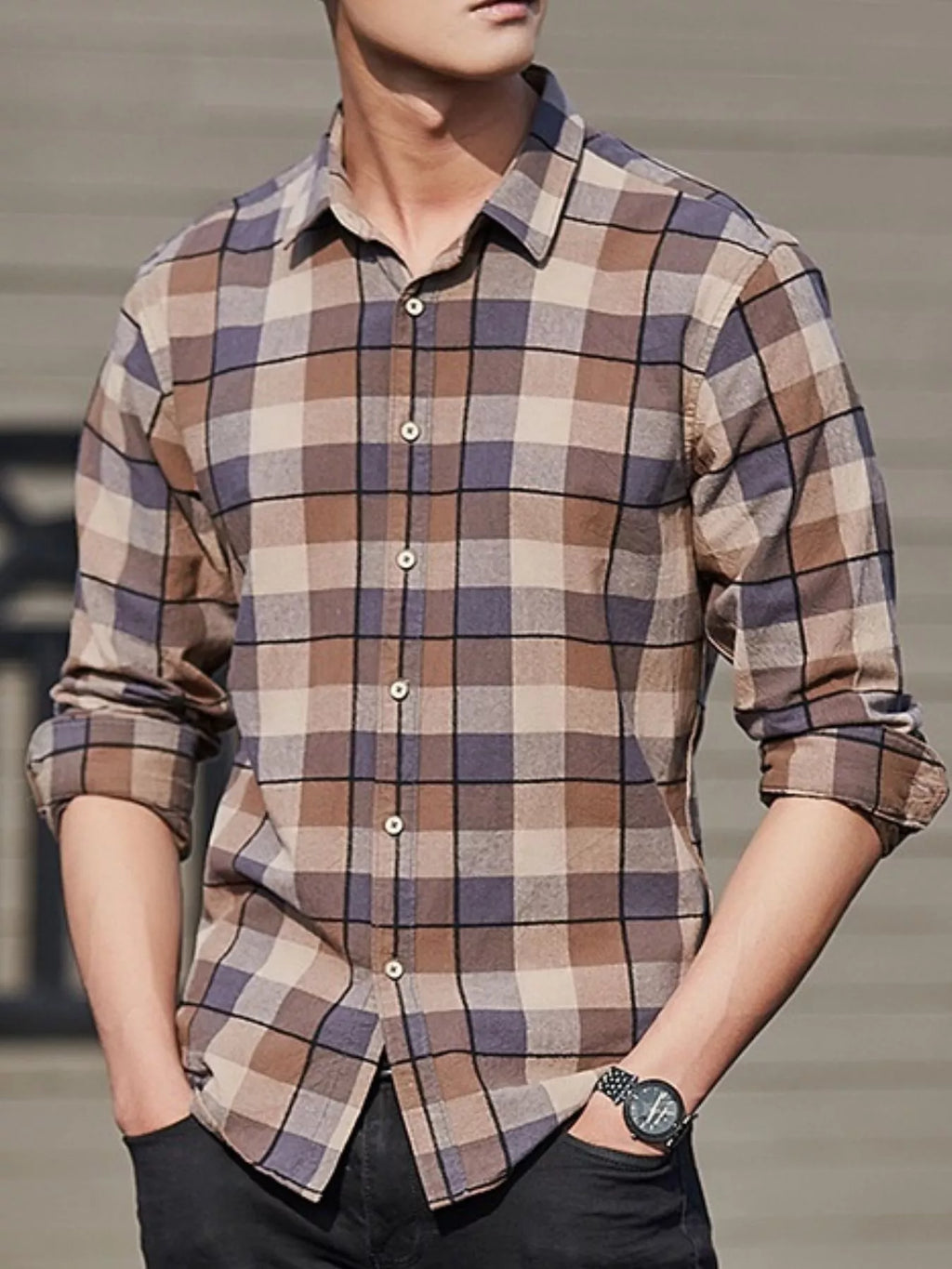 Men's Full Size Casual Plaid Long Sleeve Shirt Plus Size