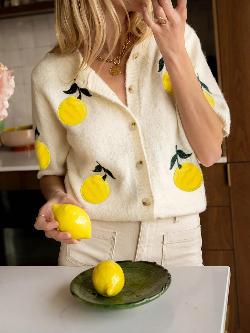 Lemon Button-Up Short Sleeve Cardigan