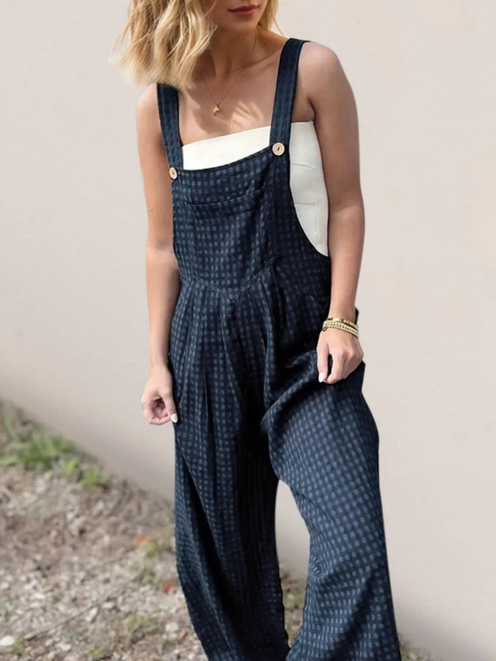 Oh Full Size Plaid Wide Leg Overalls with Pockets