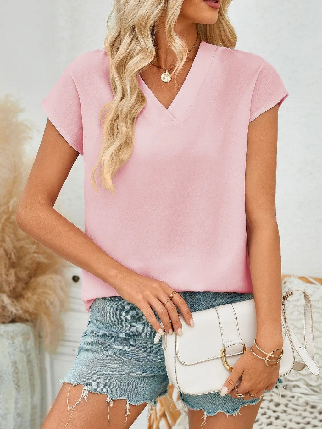V-Neck Cap Sleeve Blouse
