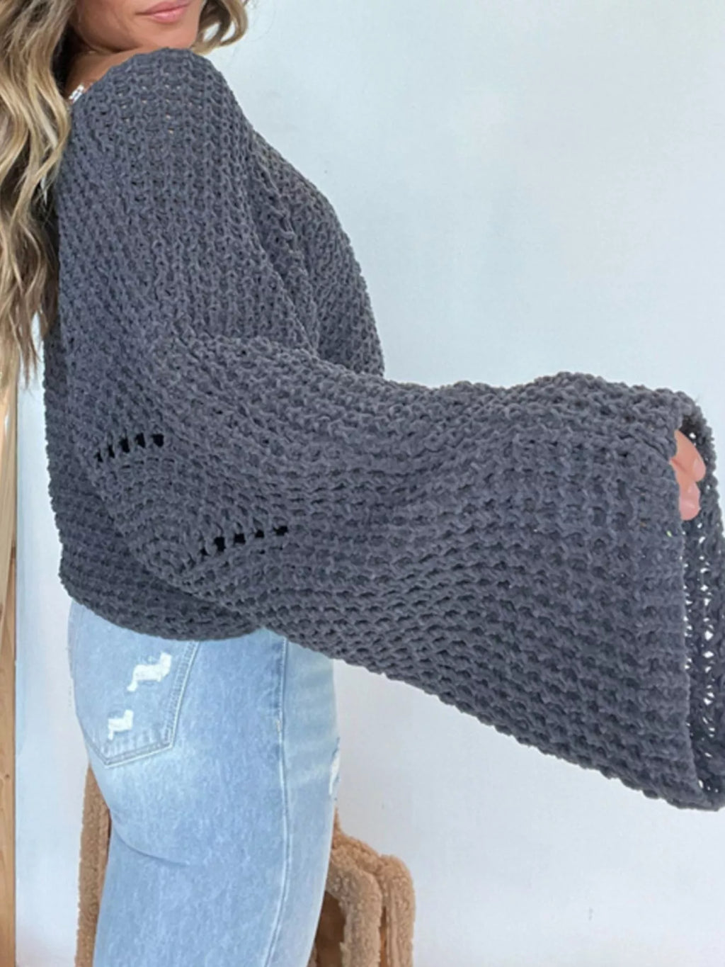 Openwork Batwing Sleeve Sweater
