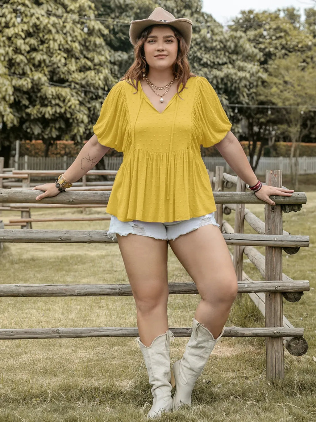 Swiss Dot Tie Neck Short Sleeve Blouse