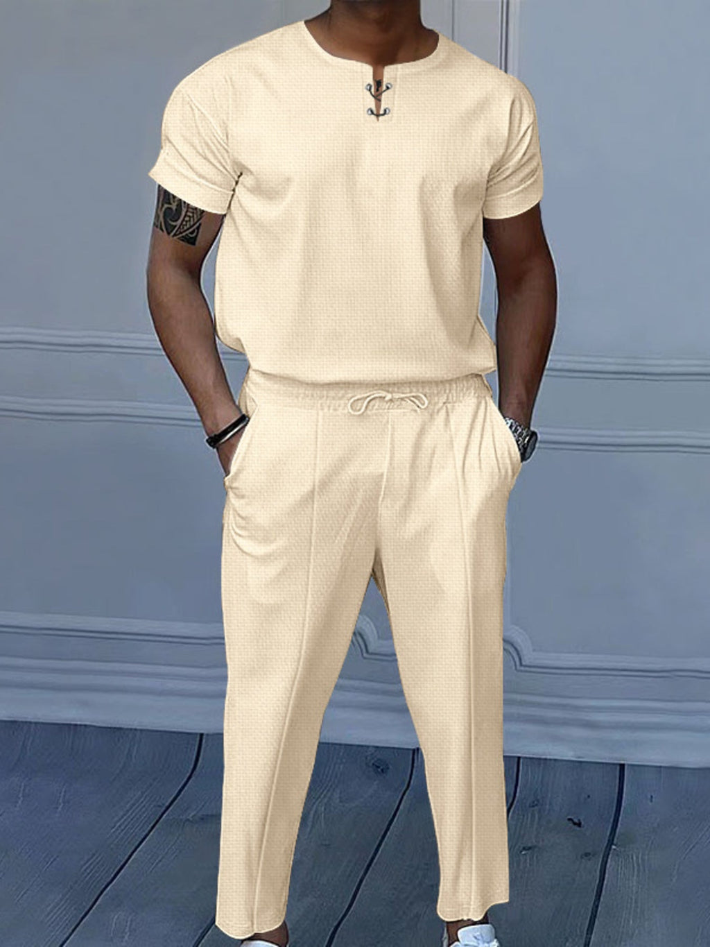 Men's Full Size Casual Short-Sleeve Top and Pants Set Plus Size