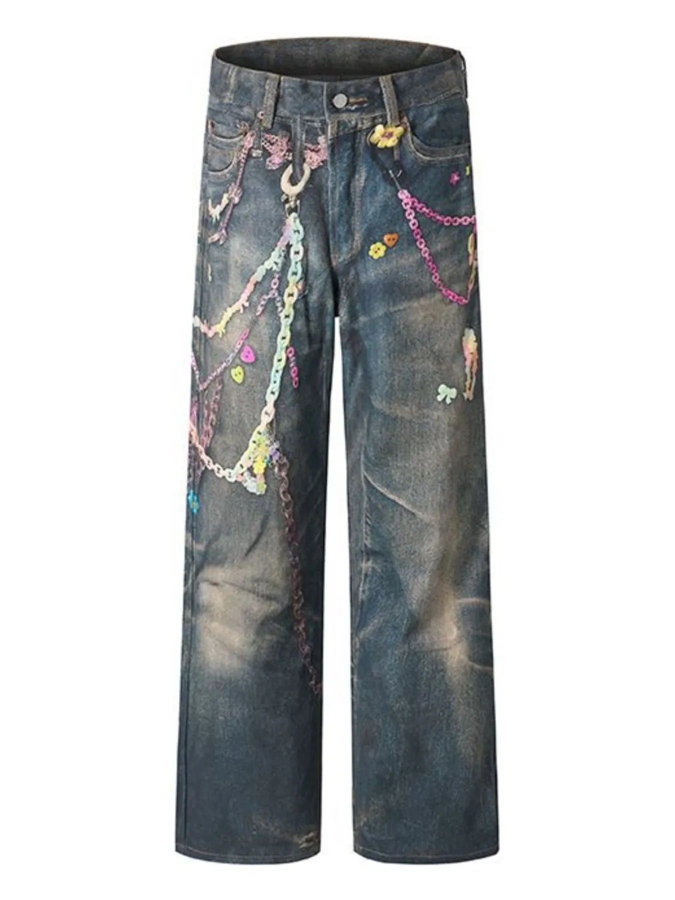Men's Printed Washed Distressed Wide Leg Jeans