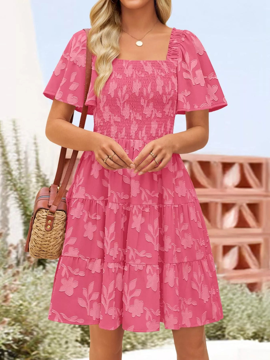 Smocked Square Neck Tiered Mini Dress