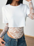 Full Size Lace Patchwork Round Neck Bodysuit Plus Size