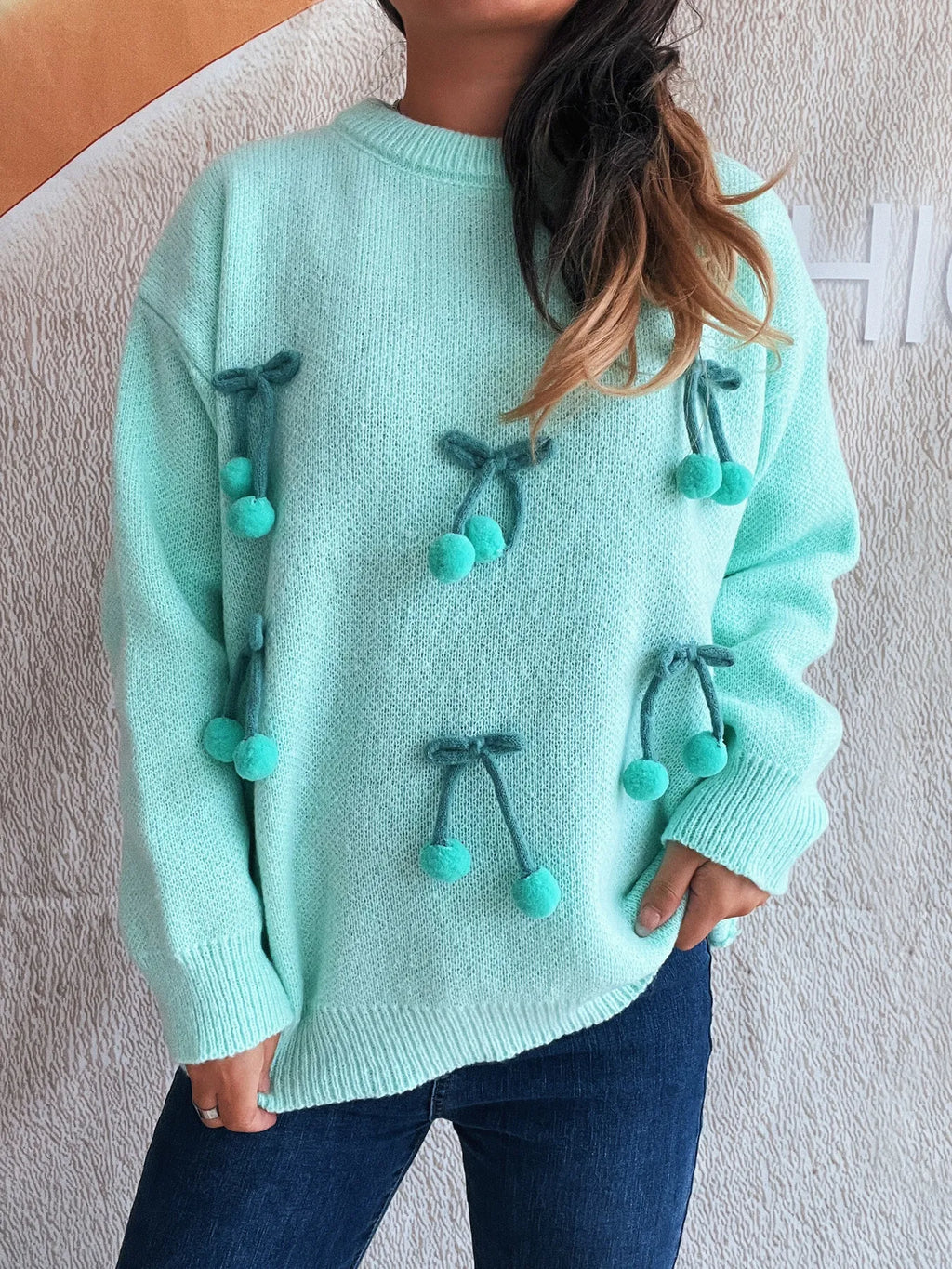 Cherry Round Neck Long Sleeve Sweater