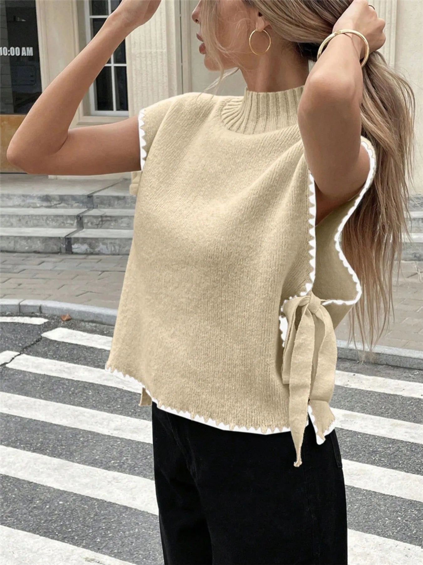 Ribbed Turtleneck Sweater Vest with Contrast Trim
