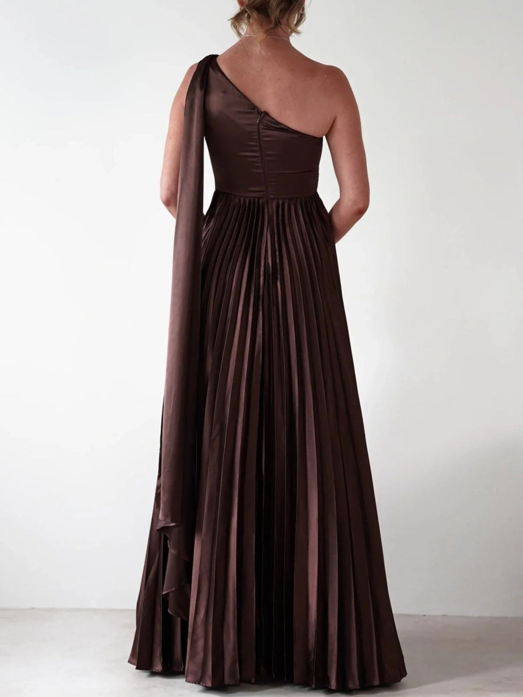 One-Shoulder Pleated Slit Maxi Dress