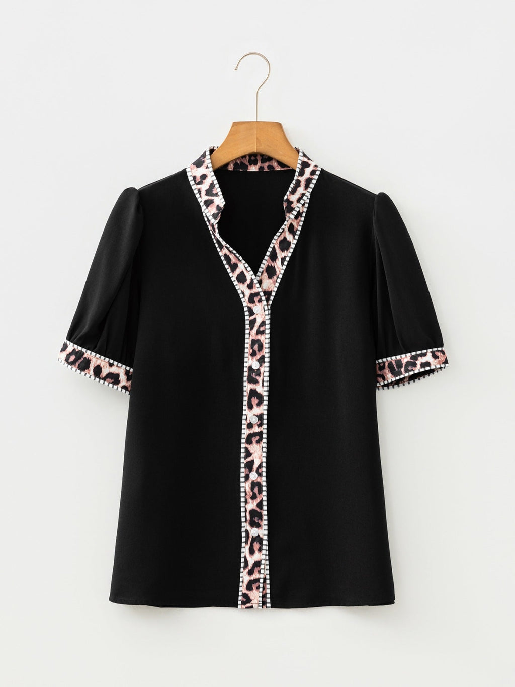 Leopard Trim Puff Sleeve Blouse