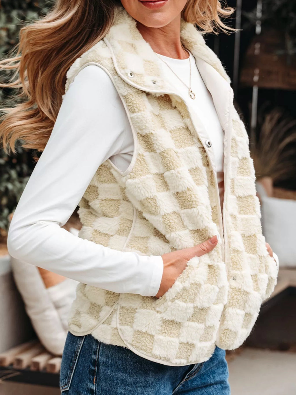 Sherpa Checkerboard Snap Button Vest Coat with Pocket