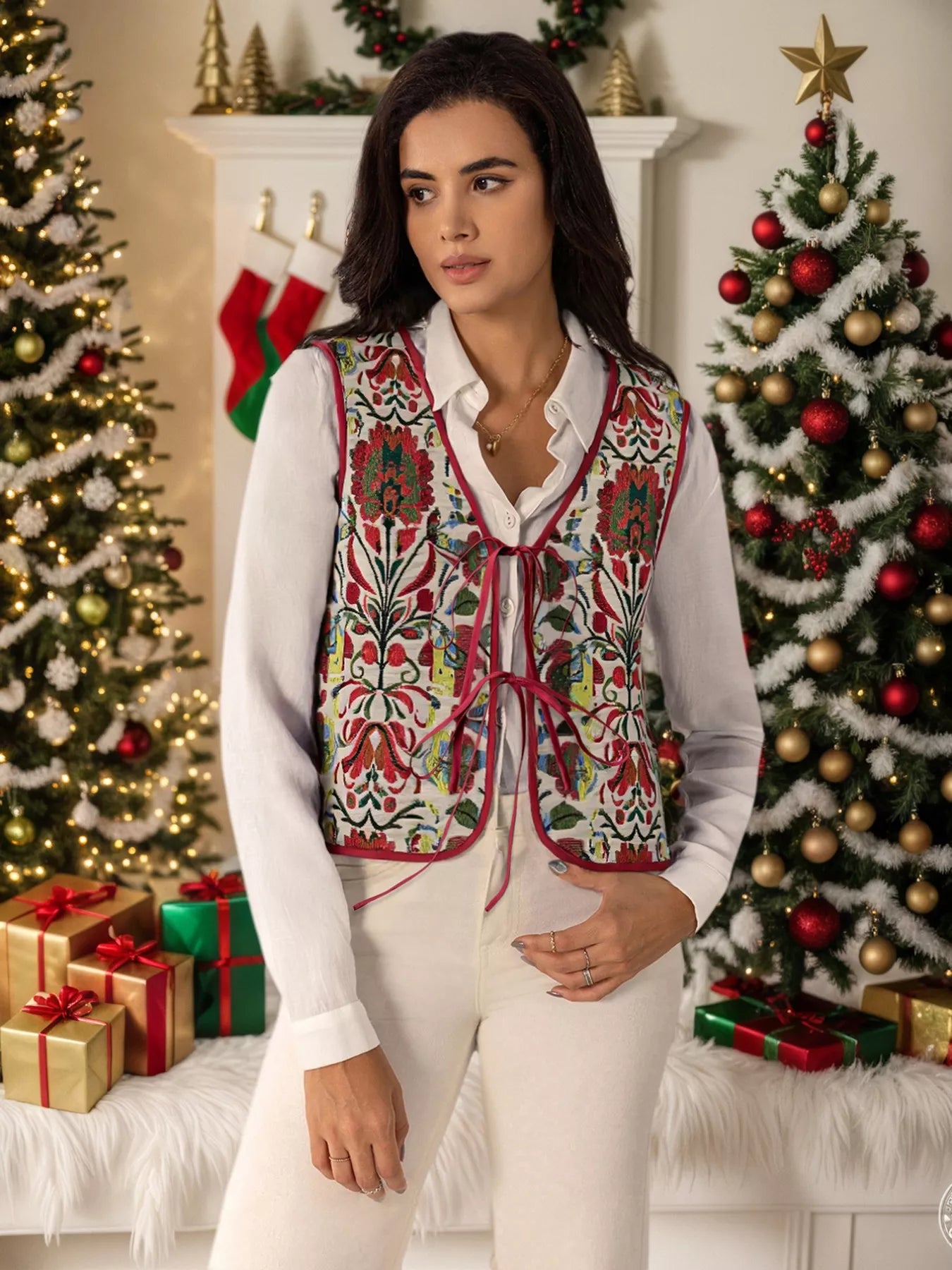 Floral Embroidered Tie-Front Vest Coat